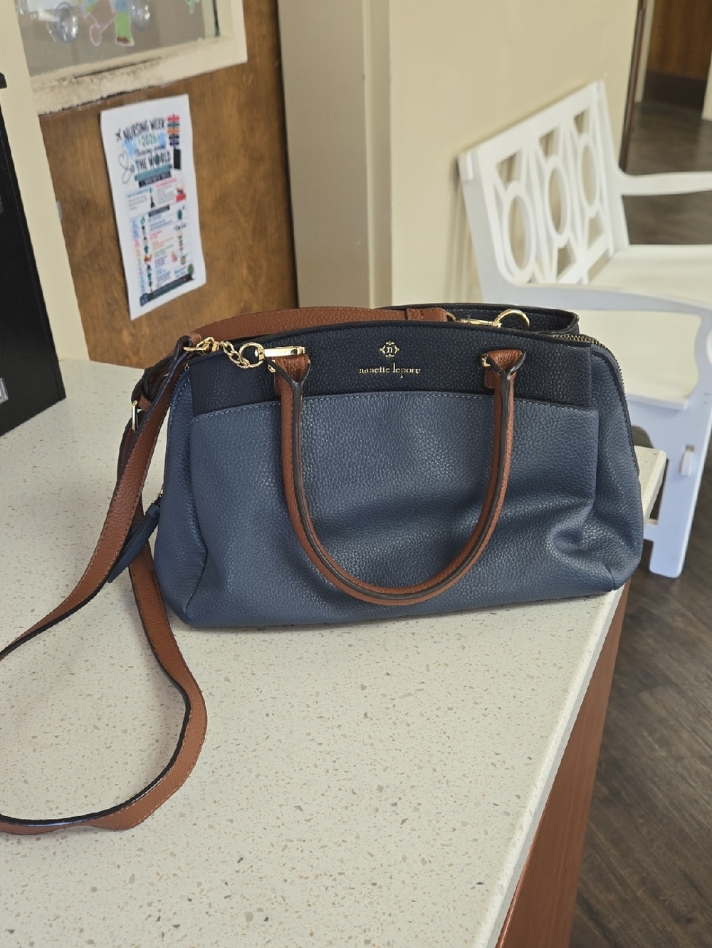 Nanette Lepore Navy and Brown Pebbled Leather Satchel